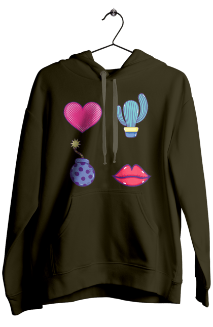 Чоловіче худі з принтом "Серце, Кактус, Бомба, Губи". Бомба, губи, кактус, серце. 2070702