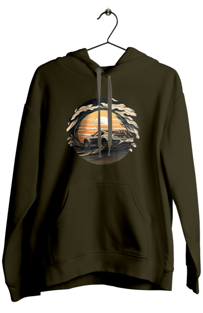 Men`s hoodie with prints Dodge at sunset. Car, cars, dodge. 2070702