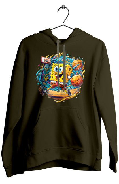 Men's hoodie with prints SpongeBob. Animated series, ball, basketball, cartoon, spongebob, spongebob squarepants, sport. 2070702