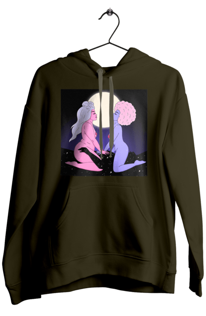 Men`s hoodie with prints Two Aliens And The Moon. Aliens, from above, girls. 2070702