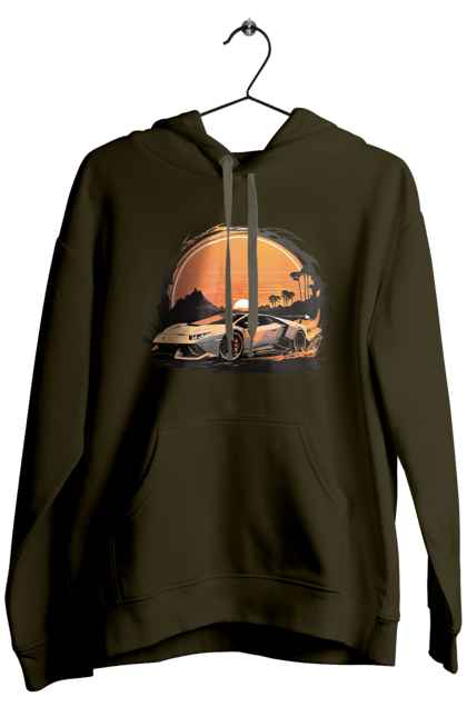 Чоловіче худі з принтом "Ламборджині на заході сонця". Авто, автомобіль, ламборджині, машина, машини. 2070702