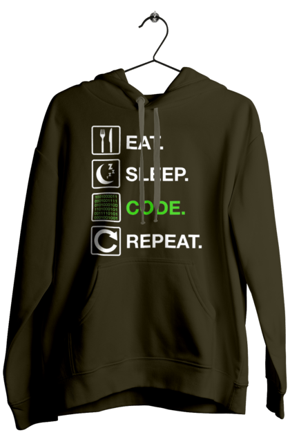 Чоловіче худі з принтом "Їж Cпи Кодуй Повторюй". Айті, айтішник, для айтішника, для програміста, їж спи, кодуй повторюй, подарунок айтішнику, подарунок програмісту, програміст, розробник. 2070702