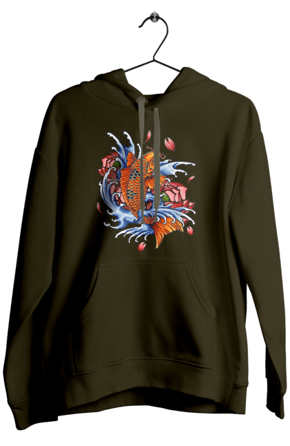 Men`s hoodie with prints Fish and waves. Fish, flower, wave. 2070702