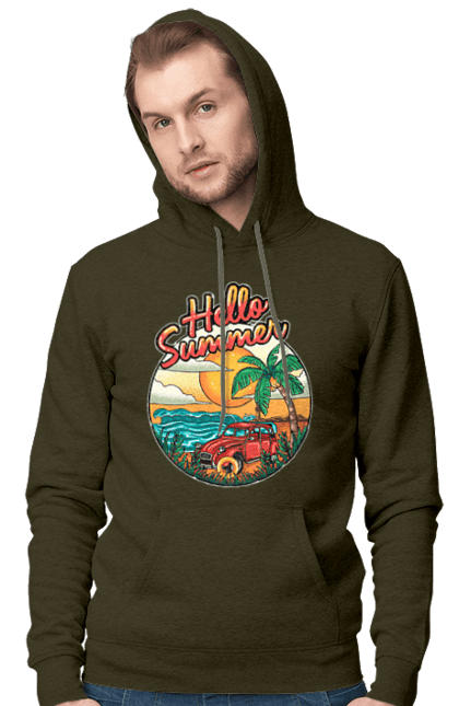 Чоловіче худі з принтом "Привіт Літо, Машина Біля Моря". Літо, машина, острів, пальма, пляж. 2070702