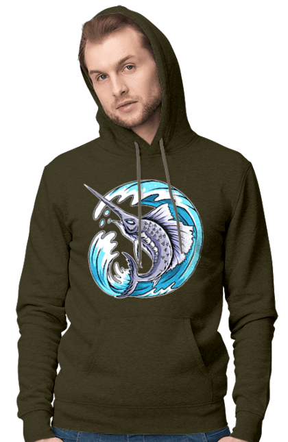 Men`s hoodie with prints Fish Sword And Wave. Swordfish, wave. 2070702