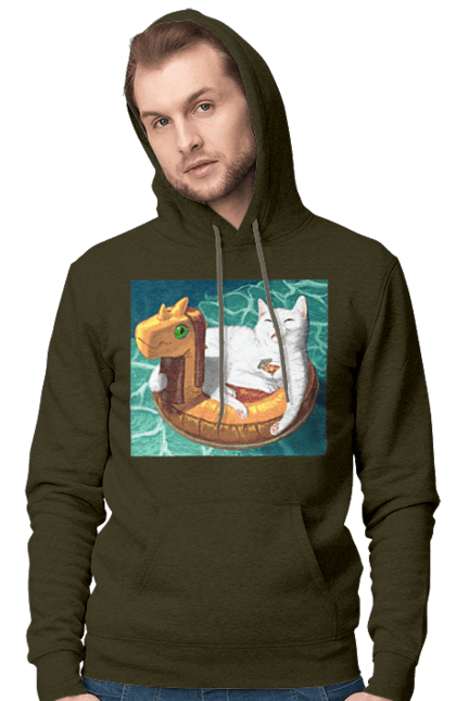 Чоловіче худі з принтом "Білий кіт у плавальному колі, на відпочинку". Басейн, відпочинок, кіт, коктейль, море, плавальний круг. 2070702