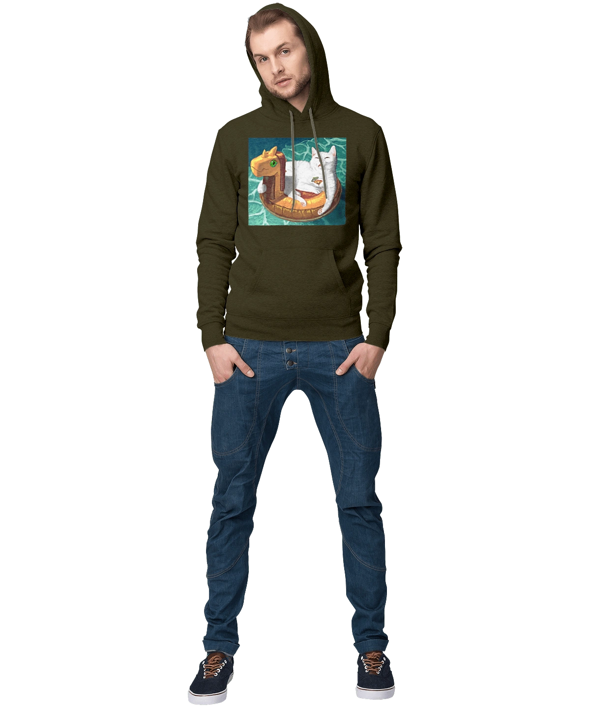 Білий кіт у плавальному колі, на відпочинку