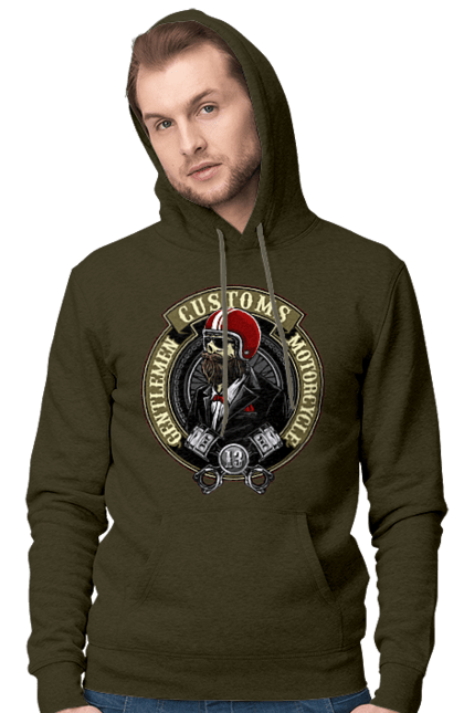 Men`s hoodie with prints Gentlemen motorcycle. Gentleman, helmet, motorcycle, skull. 2070702