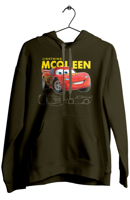 Men's hoodie with prints Lightning McQueen. Cartoon, cartoon, lightning mcqueen, race, sport, wheelbarrows. 2070702