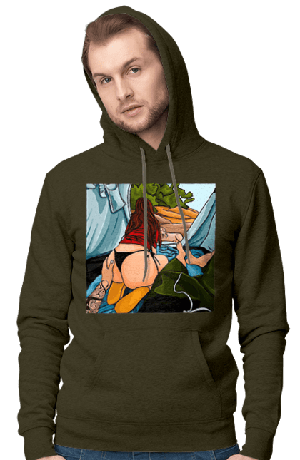 Чоловіче худі з принтом "Відпочинок З Улюбленою У Палатці". Відпочинок, жопа, палатка, собака. 2070702