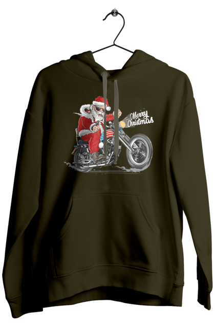 Чоловіче худі з принтом "Санта в окулярах на мотоциклі". Байкер, дід мороз, зима, мотоцикл, новий рік, різдво, санта, санта клаус, сніг, щасливого різдва. 2070702