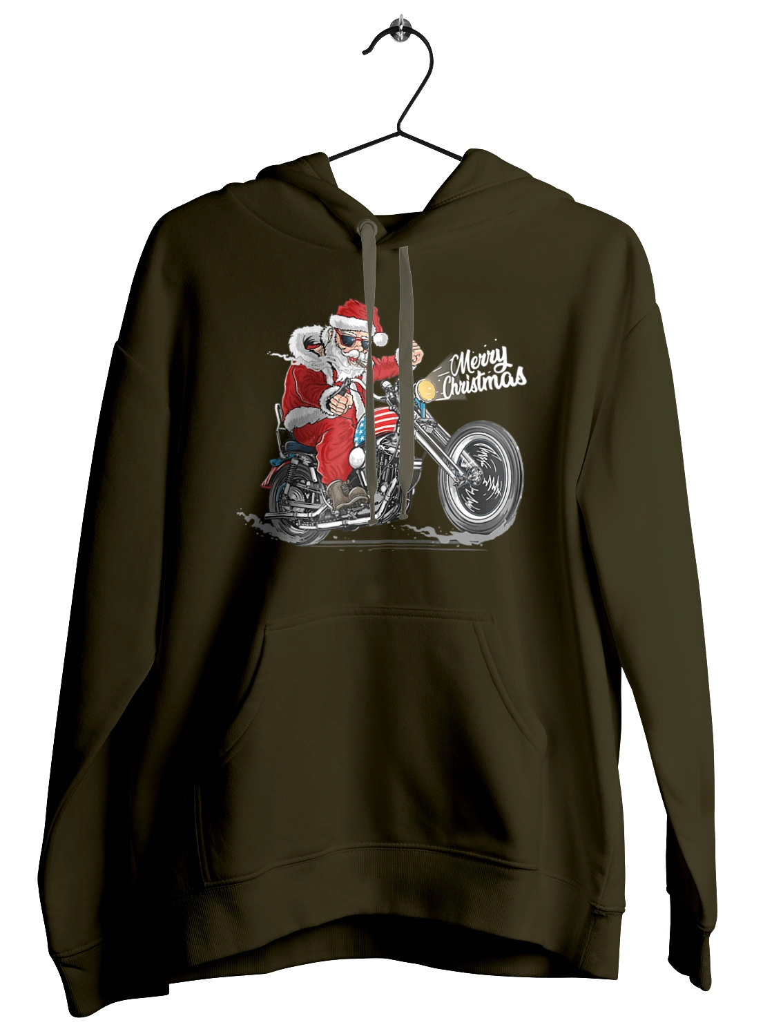 Santa in glasses on a motorcycle