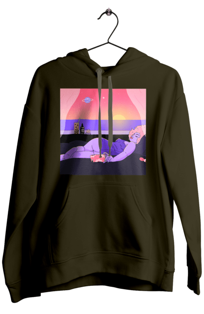 Men`s hoodie with prints Purple Girl On Vacation. Girl, sunset, telephone. 2070702
