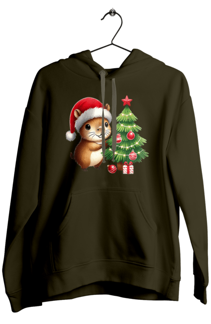 Men's hoodie with prints Christmas Capybara with a Tree. Animal, capybara, christmas, christmas capybara, christmas tree, gift, holiday, new year, new year`s gift, santa. 2070702