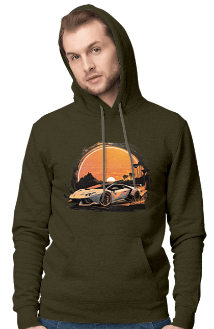 Чоловіче худі з принтом "Ламборджині на заході сонця". Авто, автомобіль, ламборджині, машина, машини. 2070702
