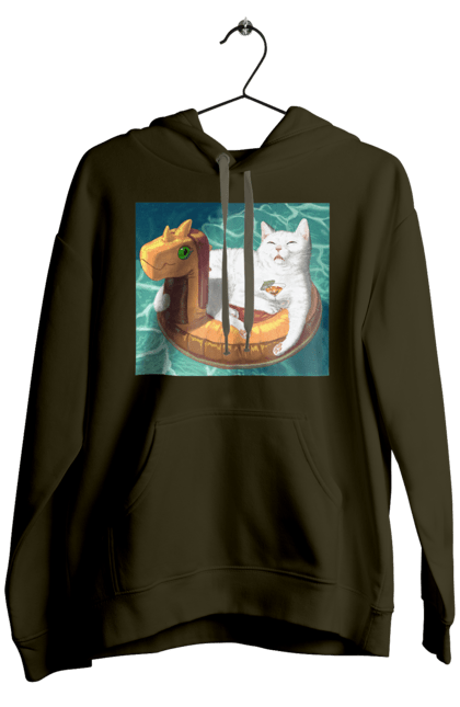 Чоловіче худі з принтом "Білий кіт у плавальному колі, на відпочинку". Басейн, відпочинок, кіт, коктейль, море, плавальний круг. 2070702