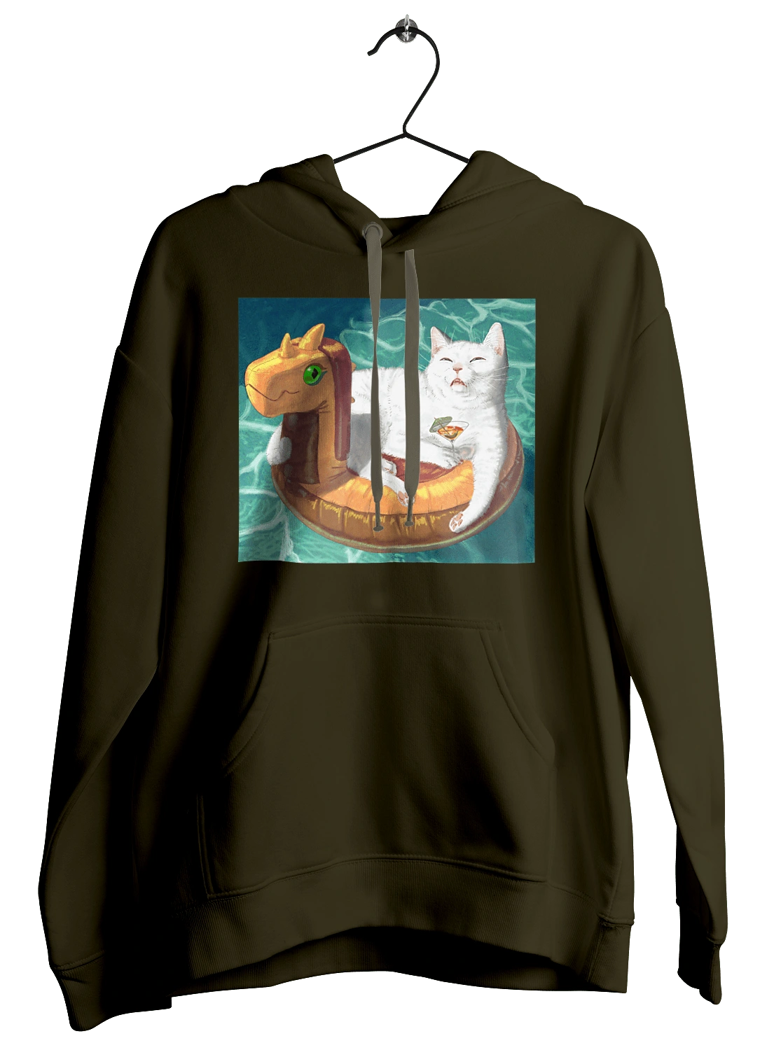 Білий кіт у плавальному колі, на відпочинку