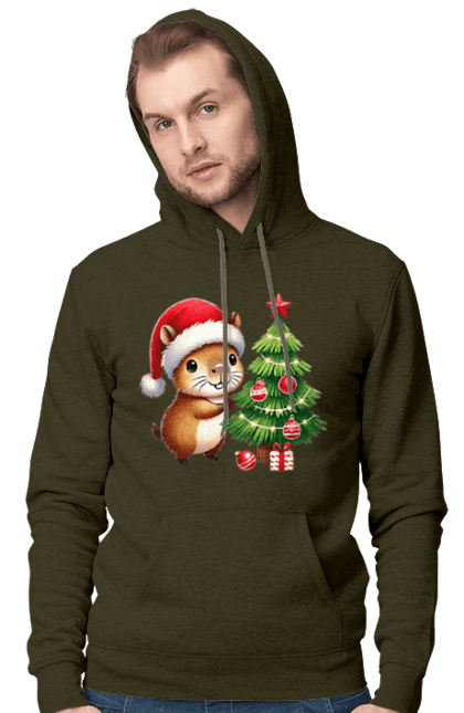 Men's hoodie with prints Christmas Capybara with a Tree. Animal, capybara, christmas, christmas capybara, christmas tree, gift, holiday, new year, new year`s gift, santa. 2070702