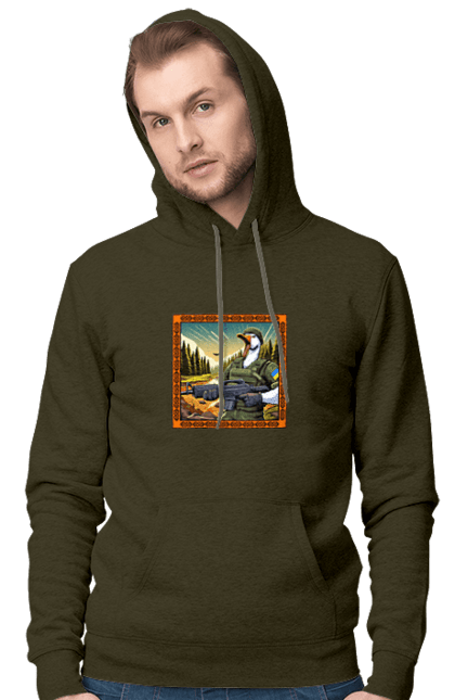 Men`s hoodie with prints Goose landing. Armed forces, biological weapons, fighting geese, flag, goose landing, military goose, symbolics, ukraine. 2070702