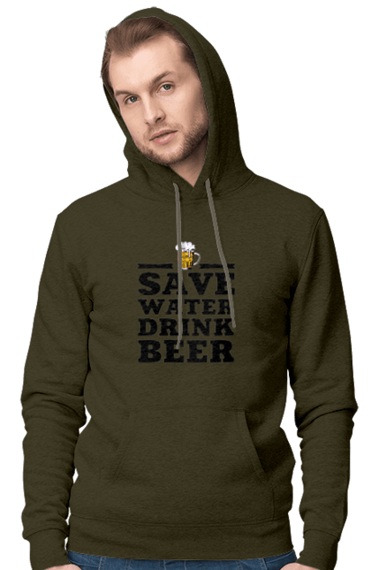 Men`s hoodie with prints Save water, drink beer (black). 18+, alcohol, bar, beer, humor, jokes, lovers of piss, memes, text, to men. 2070702