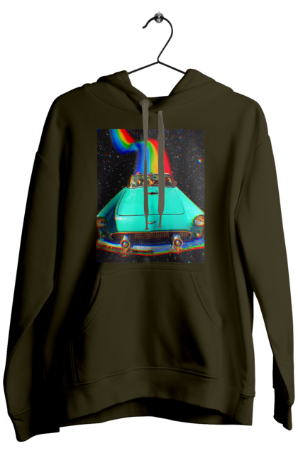 Чоловіче худі з принтом "Картина, машина у космосі". Веселка, картина, космос, машина, подорожі, поїздка, прикол, ретро. 2070702
