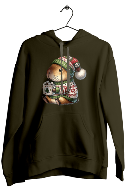 Men's hoodie with prints Capybara with hot chocolate. Animal, capybara, christmas, christmas capybara, gift, holiday, hot chocolate, new year, santa. 2070702