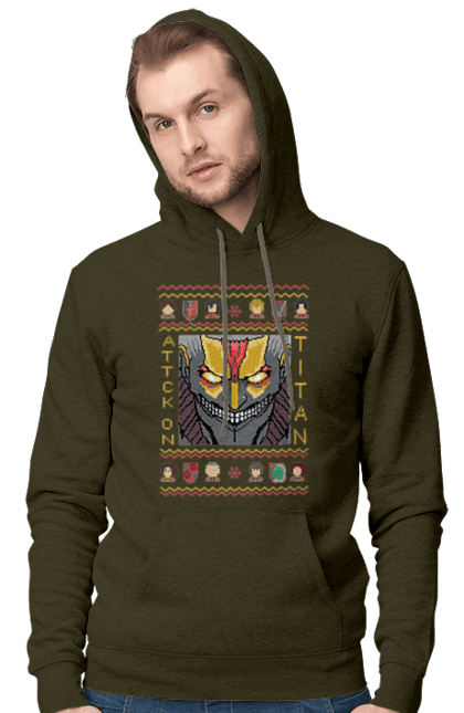 Мужское худи с принтом Ugly Sweater Attack On Titan2. Аниме, атака титанов, боевик, бронированный гигант, драма, манга, постапокалиптика, райнер, райнер браун, рождество. 2070702