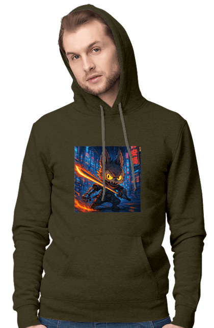 Men`s hoodie with prints Labubu. Action, animestyle, cyberninja, cyberpunk, eyes that shine, katana, labubu, neon city, sword. 2070702