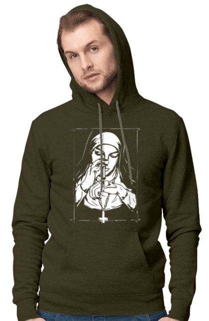 Чоловіче худі з принтом "Монашка нюхає порошок". Крута, метал, модна, молодіжна, популярна, рок, хрест, черниця, черниця нюхає порошок. 2070702