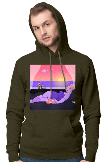 Men`s hoodie with prints Purple Girl On Vacation. Girl, sunset, telephone. 2070702