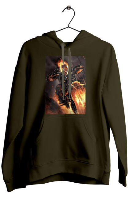 Men`s hoodie with prints Hell Racer. Chopper, fire, hell racer, motorcycle, skeleton. 2070702