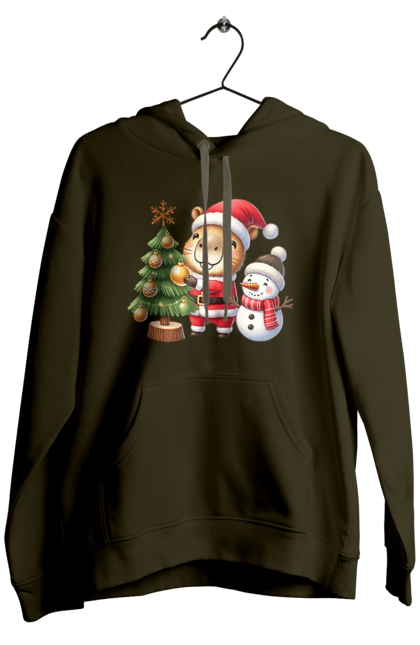 Men's hoodie with prints Christmas Capybara with a Tree. Animal, capybara, christmas, christmas capybara, christmas tree, gift, holiday, new year, new year`s gift, santa. 2070702