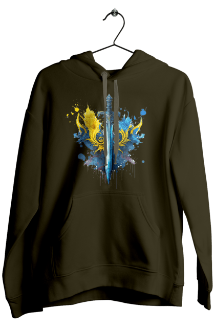 Чоловіче худі з принтом "Меч в українському стилі". Герб, меч, перемога, прапор, символ україни, тризуб, україна. 2070702