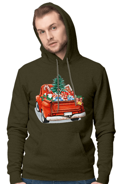 Men`s hoodie with prints Car with gifts. Car, christmas, new year, presents, santa, tree. 2070702