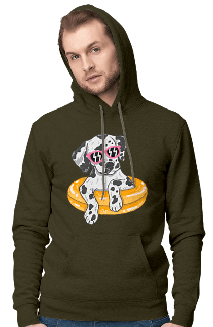 Men`s hoodie with prints Dalmatian Swims In A Circle. Dalmatian, dog, glasses, to swim. 2070702