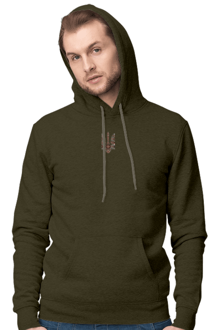 Men`s hoodie with prints Vyshyvanka coat of arms. Actual, emblem, embroidered shirt, symbolics, ukrainian, unusual, war. 2070702