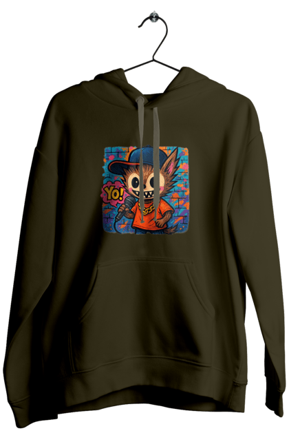 Чоловіче худі з принтом "Лабубу". Бейсболка, вуличне мистецтво, графіті, золотийланцюг, лабубу, мікрофон, міський стиль, репатмосфера, хіпхоп, яскраво. 2070702