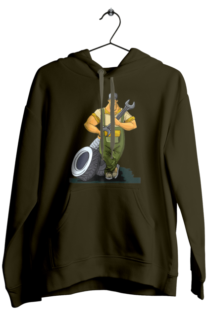 Men`s hoodie with prints Car Mechanic. Profession, wheels, wrench. 2070702