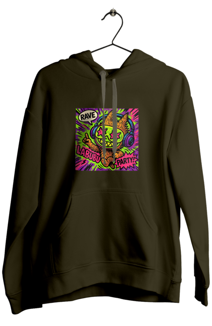 Чоловіче худі з принтом "Лабубу". Вечірка, вуличне мистецтво, графіті, зоряніочі, коміксстиль, лабубу, навушники, неон, попарт, рейв. 2070702