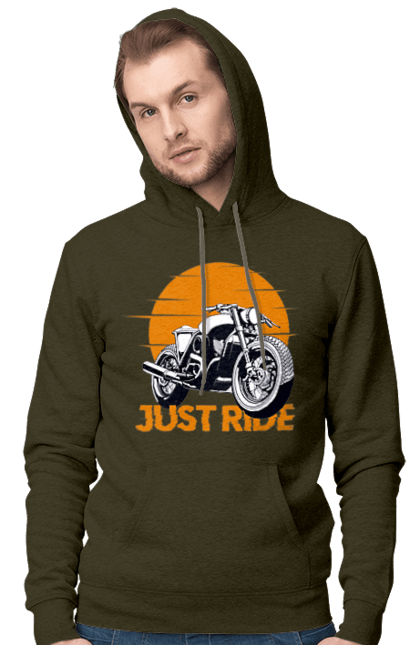 Men`s hoodie with prints Motorcycle, Just Go. Motorbike, riding, road. 2070702