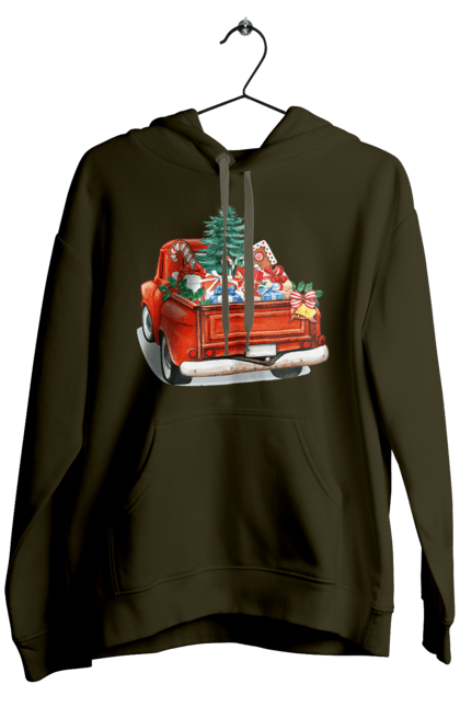 Men`s hoodie with prints Car with gifts. Car, christmas, new year, presents, santa, tree. 2070702
