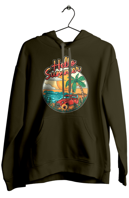 Чоловіче худі з принтом "Привіт Літо, Машина Біля Моря". Літо, машина, острів, пальма, пляж. 2070702