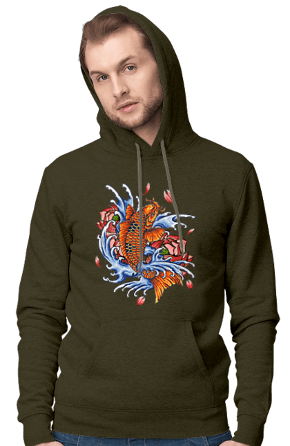 Men`s hoodie with prints Fish and waves. Fish, flower, wave. 2070702