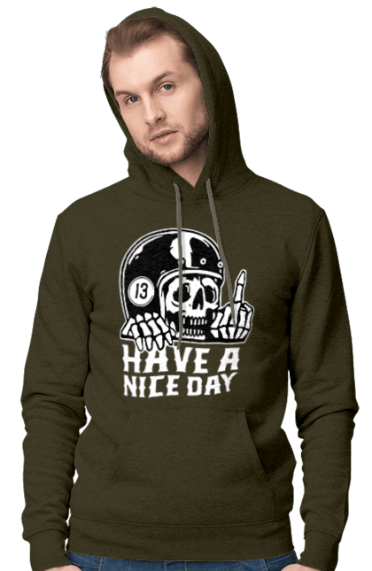 Men`s hoodie with prints Have a nice day. Fak, have a, nice day, scull, thirteen, with a skull. 2070702