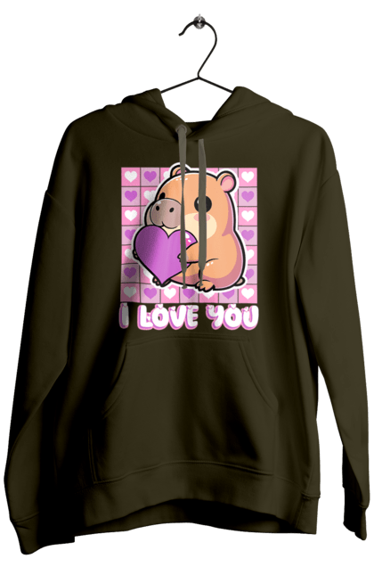 Чоловіче худі з принтом "Закохана капібара". I love you, валентинка, день святого валентина, капибара, кохання, милі тварини, пара капібар, романтика, романтичний подарунок, серця. 2070702