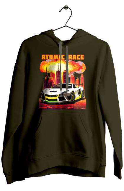 Men`s hoodie with prints Atomic race. Atomic race, automobile, car, race, racing cars, sport car, sports car. 2070702