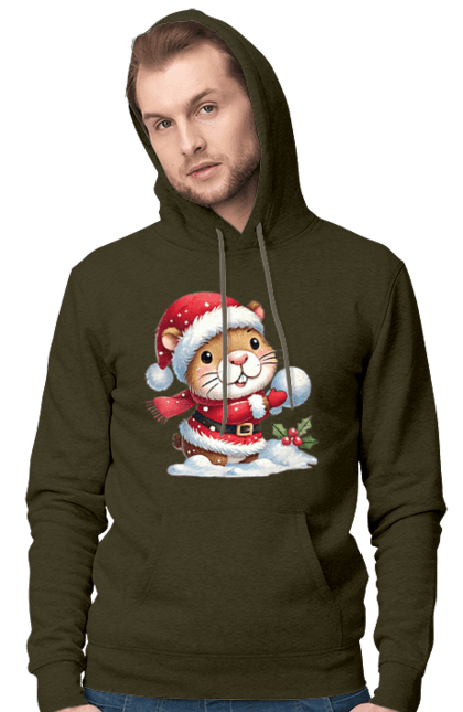 Men's hoodie with prints Capybara playing snowballs. Animal, capybara, christmas, christmas capybara, game, gift, holiday, new year, santa, snowballs. 2070702