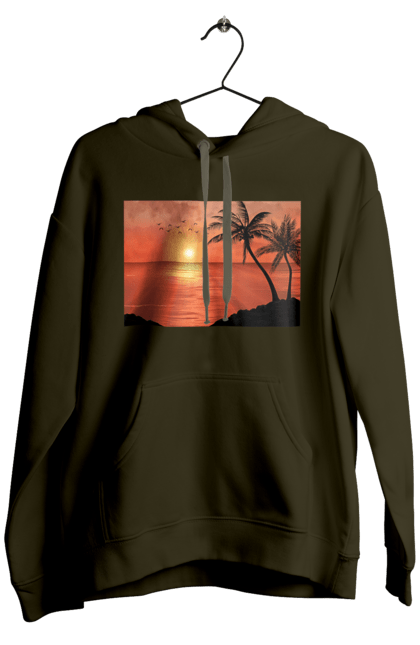 Men`s hoodie with prints West Palm Sea. Palm trees, sea, shore. 2070702