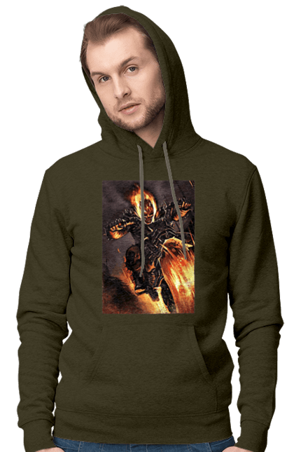 Men`s hoodie with prints Hell Racer. Chopper, fire, hell racer, motorcycle, skeleton. 2070702