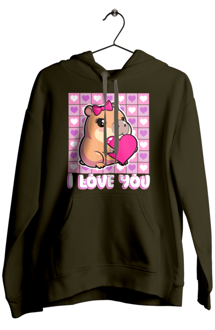 Чоловіче худі з принтом "Закохана капібара". I love you, валентинка, день святого валентина, капибара, кохання, милі тварини, пара капібар, романтика, романтичний подарунок, серця. 2070702